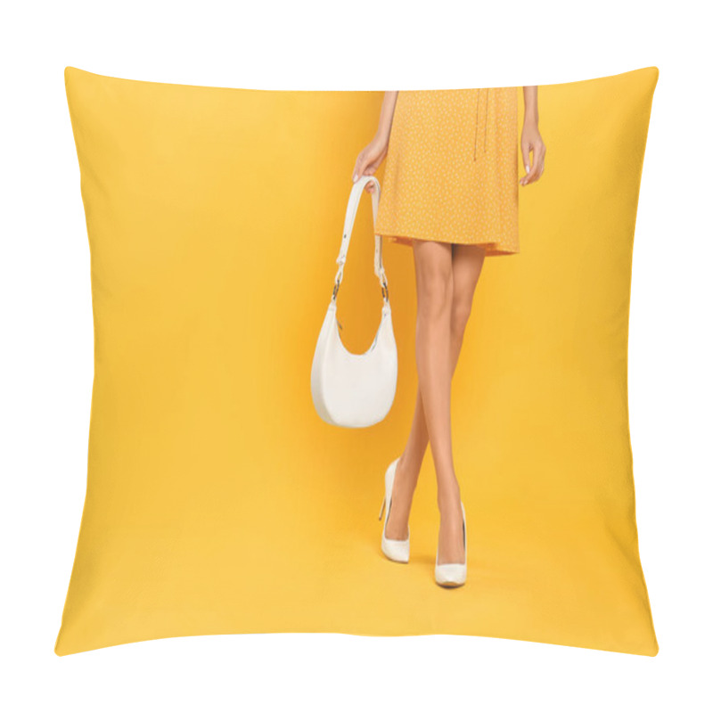 Personality  Woman With Stylish Bag On Yellow Background, Closeup. Space For Text Pillow Covers