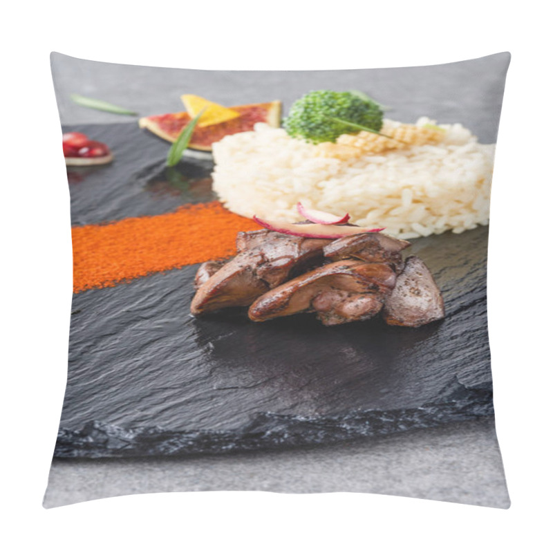 Personality  Rice, Broccoli, Fig And Fried Meat On Black Plate And Stone Surface  Pillow Covers