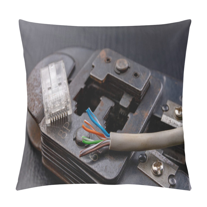 Personality  Work In A Workshop On Connections Used In Electronics. Computer Cables And Connectors Rj44. Dark Background. Pillow Covers