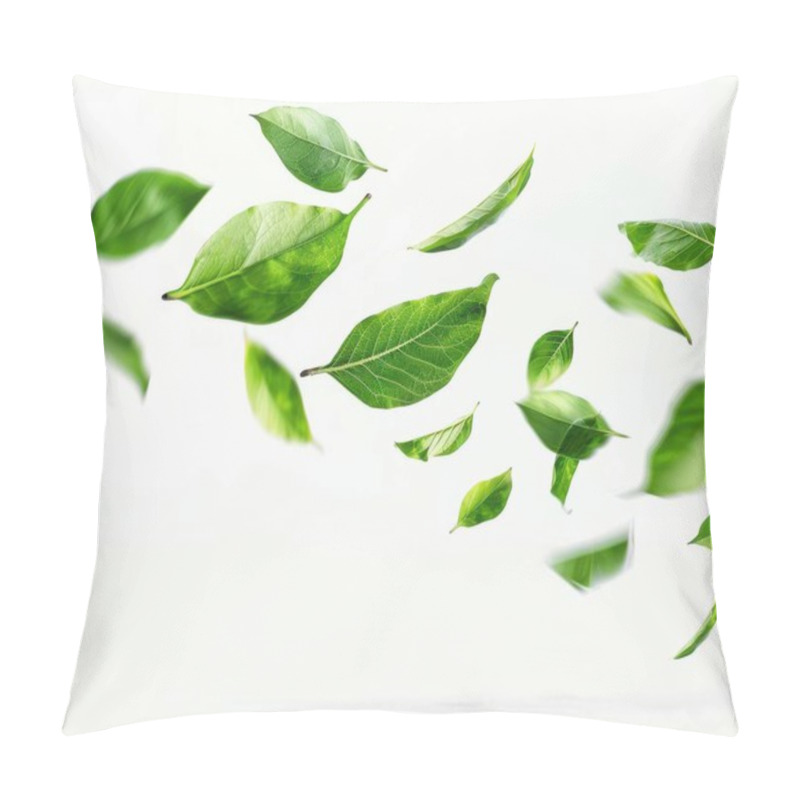 Personality  Vibrant Green Leaves Gracefully Floating Against A Soft White Background. Pillow Covers