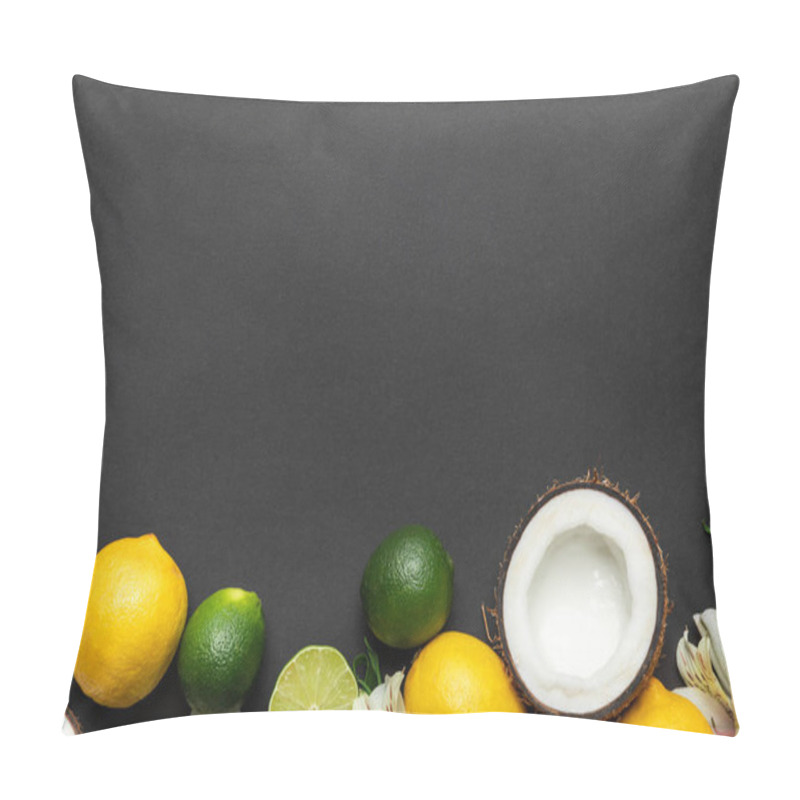 Personality  Top View Of Tropical Fruits With Alstroemeria Flowers On Black Background With Copy Space Pillow Covers