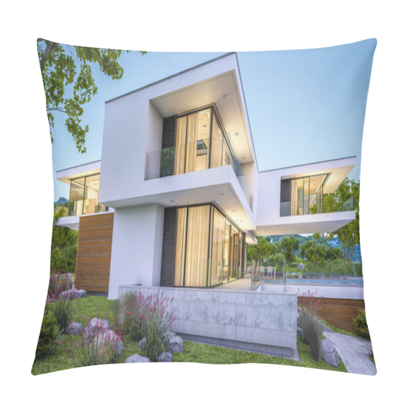 Personality  3d Rendering Of Modern Cozy House By The River With Garage For Sale Or Rent With Beautiful Mountains On Background. Clear Summer Evening With Blue Sky. Cozy Warm Light From Window. Pillow Covers