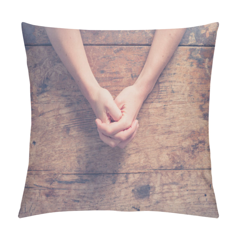 Personality  Female Hands Folded At Table Pillow Covers