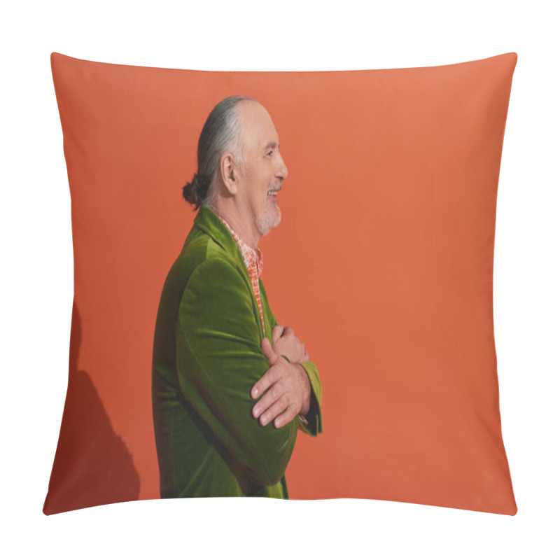 Personality  Side View Of Senior Male Model, Optimistic Man Posing With Folded Arms And Smiling On Red Orange Background, Green Velour Blazer, Grey Hair And Beard, Positive And Fashionable Aging Concept Pillow Covers