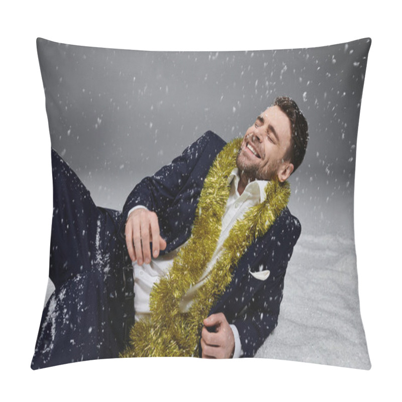 Personality  A Cheerful Young Man Dressed Formally Enjoys A Snowy Scene With Festive Flair. Pillow Covers