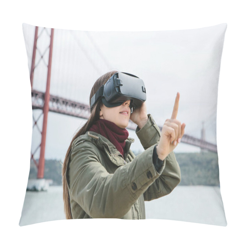 Personality  Young Beautiful Girl Wearing Virtual Reality Glasses. 25th Of April Bridge In Lisbon In The Background. The Concept Of Modern Technologies And Their Use In Everyday Life Pillow Covers