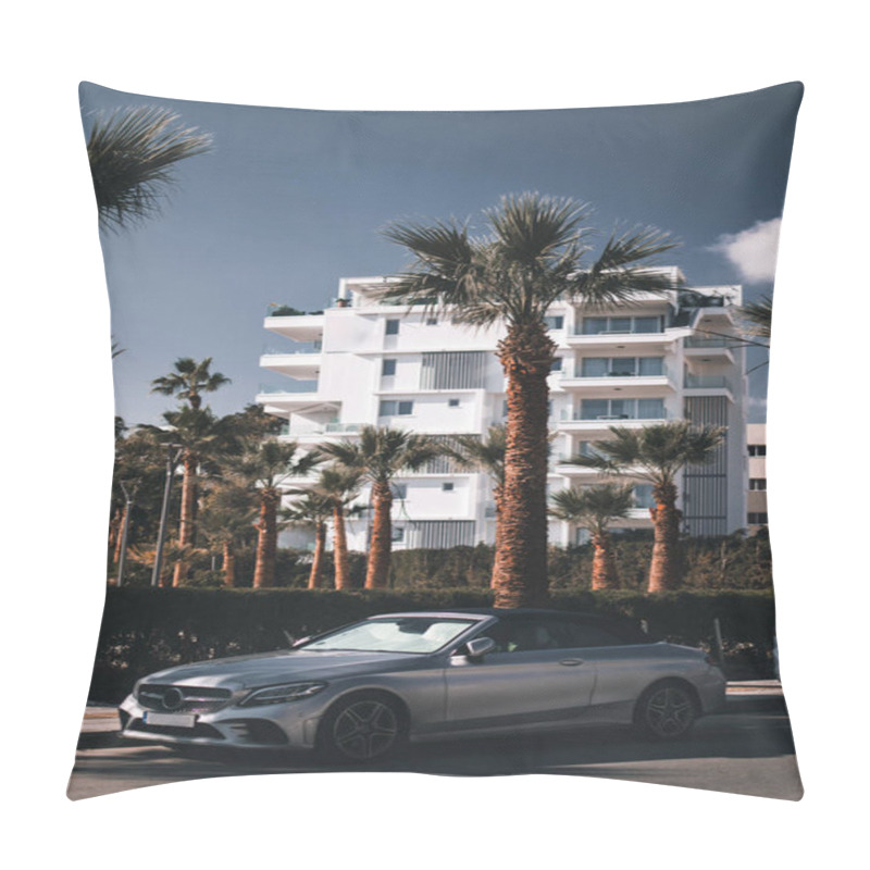 Personality  A Modern Stylish Sport Car In Front Of The Palm Trees In Sunny Day In Larnaca, Cyprus.  Pillow Covers