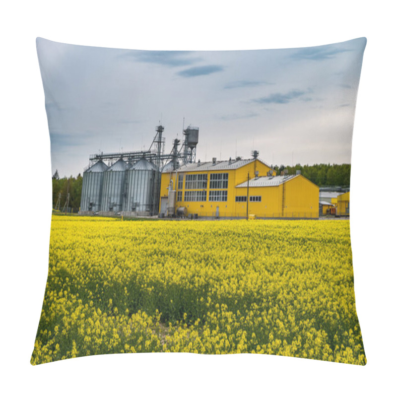 Personality  Field Of Flower Of Rapeseed, Canola Colza In Brassica Napus On Agro-processing Plant For Processing And Silver Silos For Drying Cleaning And Storage Of Agricultural Products, Flour, Cereals And Grain Pillow Covers