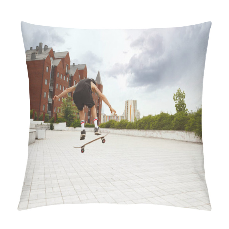 Personality  Skateboarder Doing A Trick At The Citys Street In Cloudly Day Pillow Covers