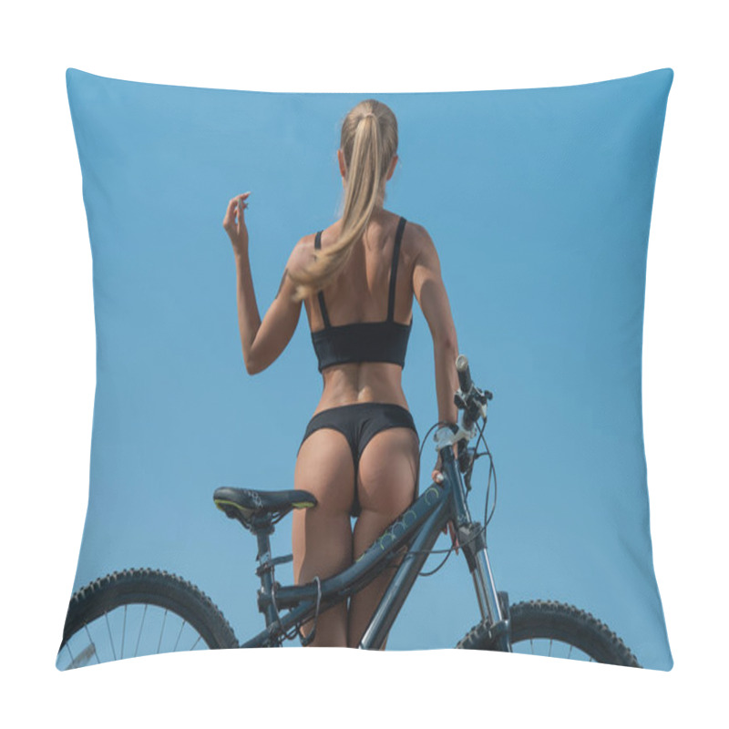 Personality  Caucasian Woman With A Stunning Athletic Figure In Short Shorts Rides A Bike Against The Blue Sky. Pillow Covers