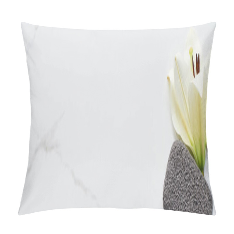 Personality  Panoramic Shot Of White Flower And Dark Gray Pumice Stone On Marble Surface Pillow Covers