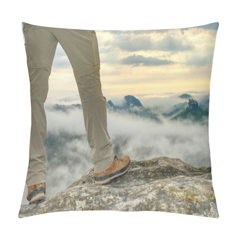 Personality  Hiker Legs In Light Outdoor Trousers And Comfortable Leather  Trekking Boots On Rocky Peak. Misty Valley Below Peak In Far Blurry Background. Hiking In Nature. Pillow Covers