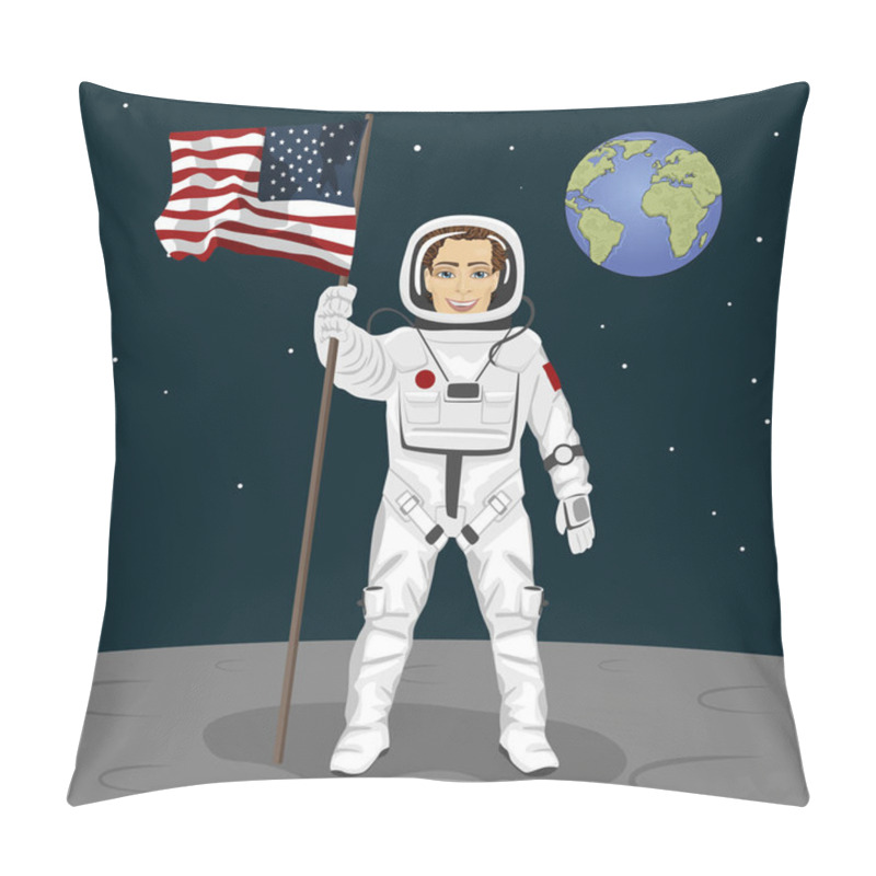 Personality  Young Astronaut Standing On The Moon Holding Usa Flag On The Backround Of Earth Pillow Covers