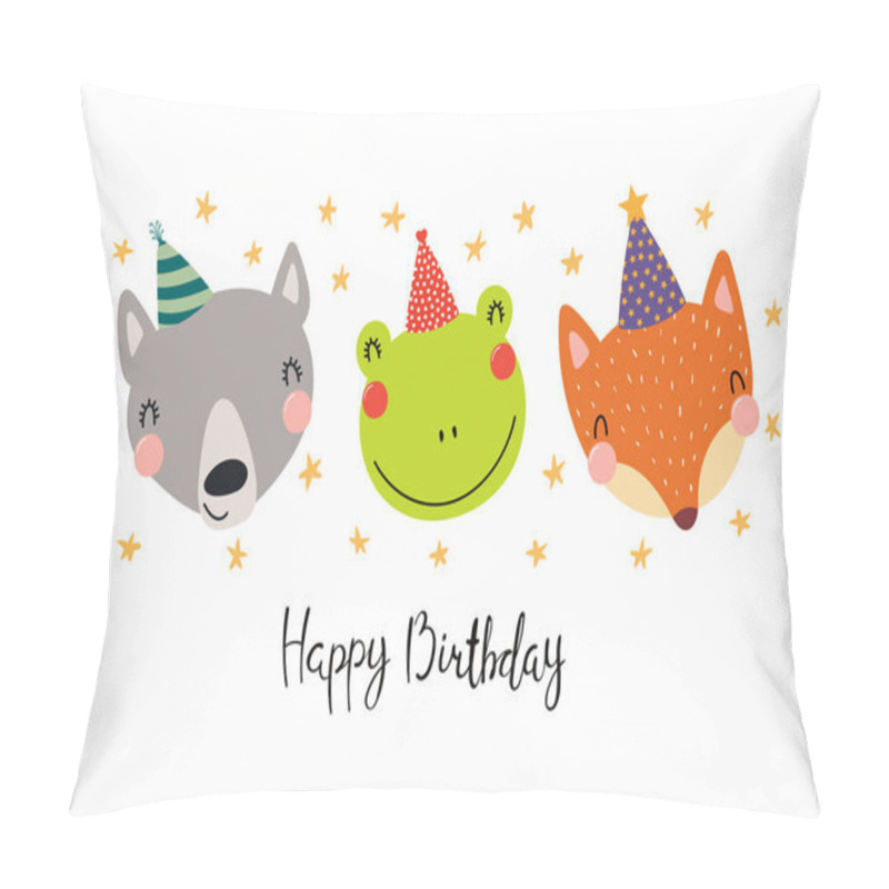 Personality  Hand Drawn In Scandinavian Style Birthday Card With Cute Funny Wolf, Frog, Fox In Party Hats, Quote Happy Birthday, Vector, Illustration, Concept For Children Print Pillow Covers