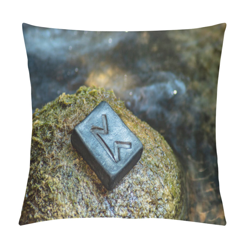 Personality  Norse Rune Pertho On The Stone And The Evening River Background. Mystery, Sacred Knowledge. Successful Childbirth. Pillow Covers