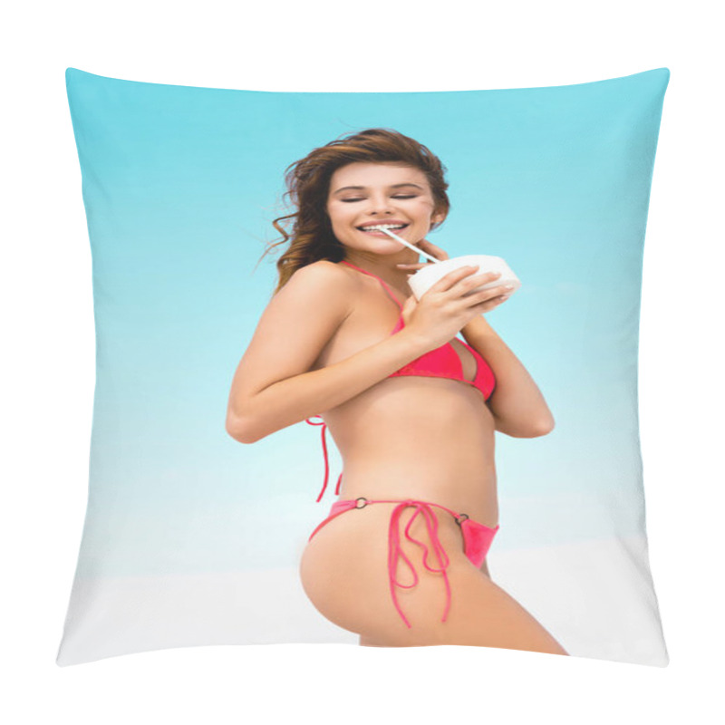 Personality  Smiling Beautiful Sexy Girl In Swimsuit On Beach With Coconut Drink Pillow Covers