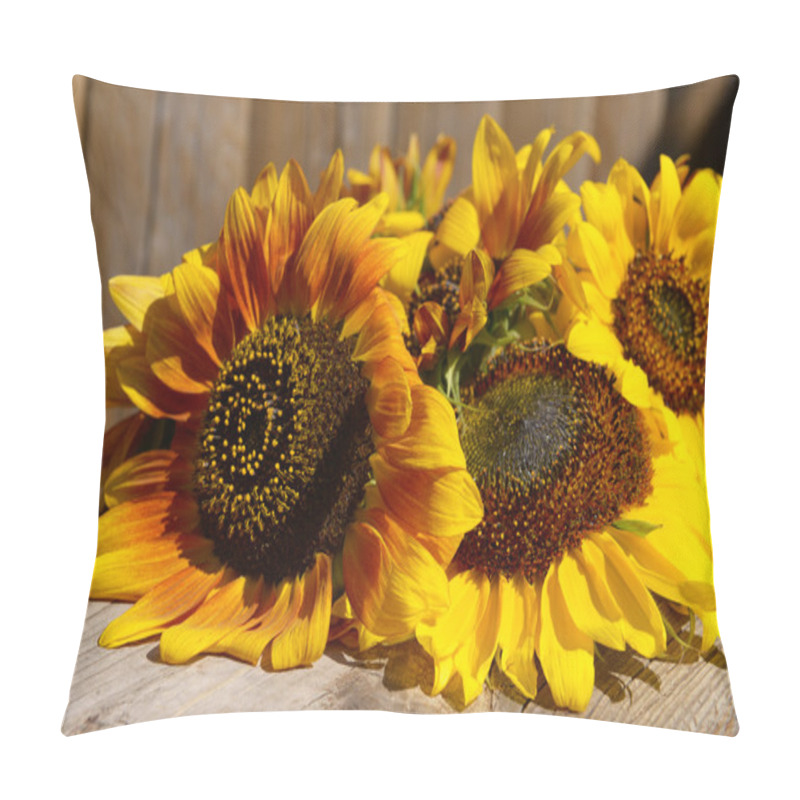 Personality  Beautiful Sunflowers On Wooden Bench Outdoors Pillow Covers