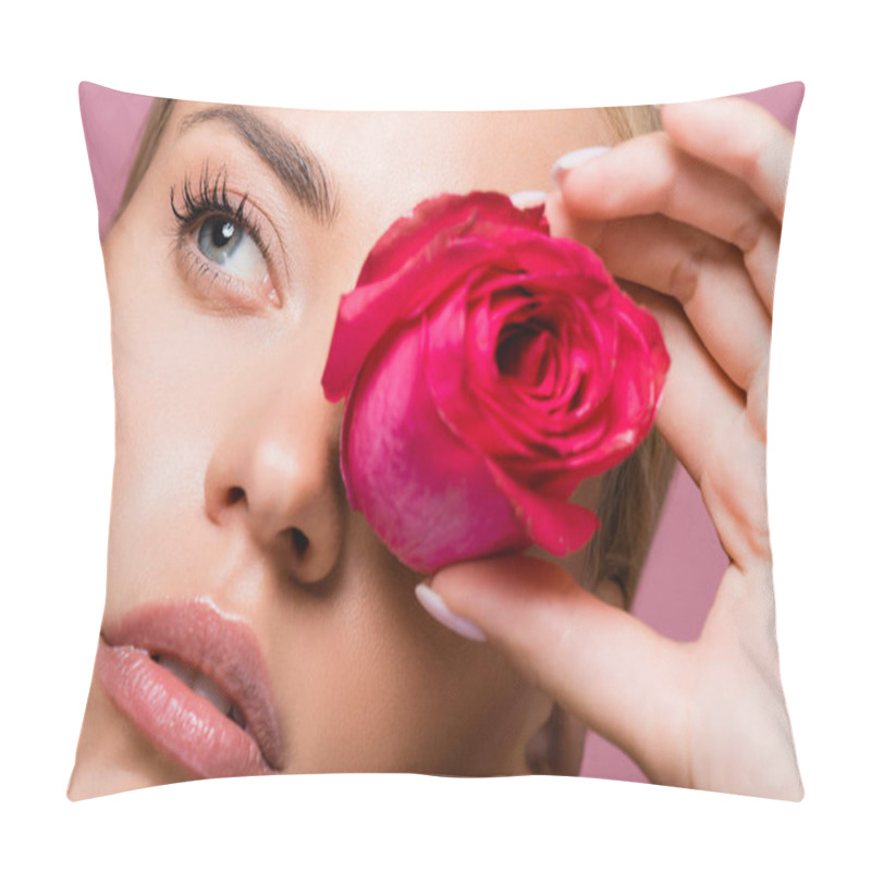 Personality  Beautiful Blonde Woman With Rose Flower On Eye Isolated On Pink Pillow Covers