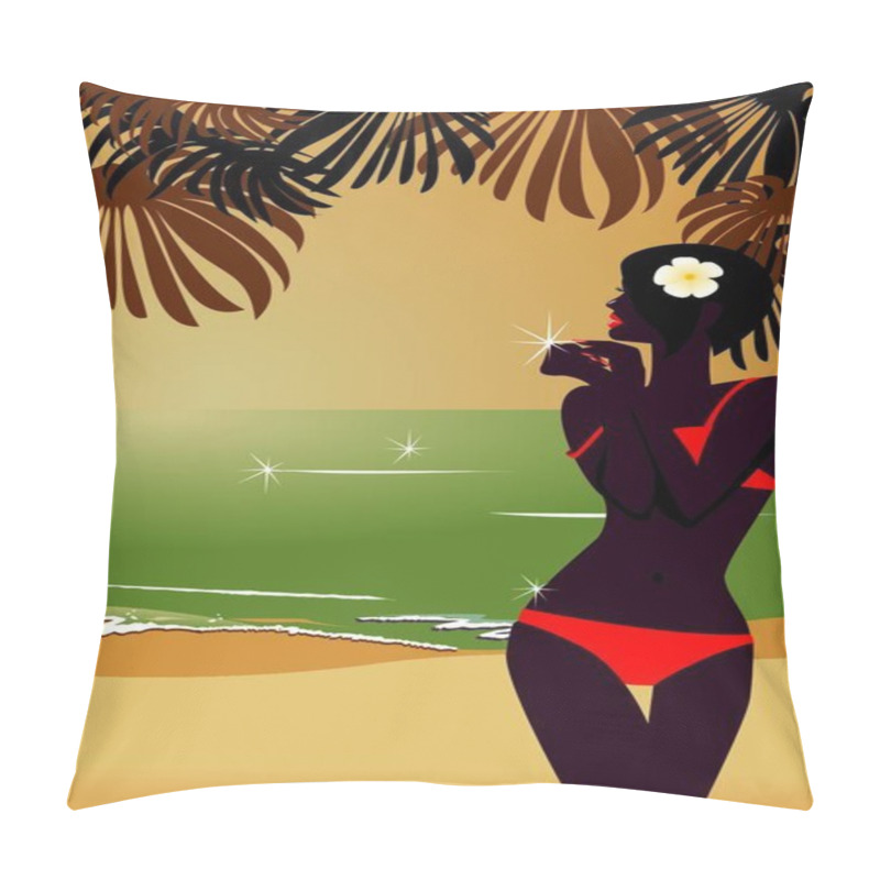 Personality  Girl`s Silhouette On Sunset Tropic Beach Pillow Covers