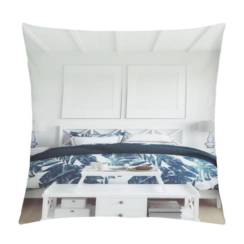 Personality  Mock Up Frame In White Cozy Tropical Bedroom Interior, Coastal Style, 3d Render Pillow Covers