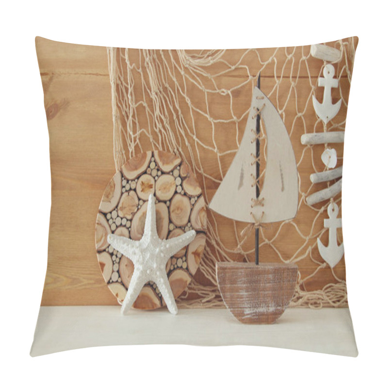 Personality  Nautical Concept With Sea Life Style Objects On Wooden Table. Top View Pillow Covers