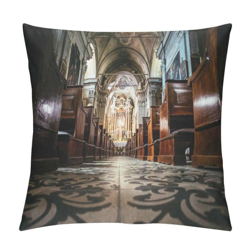 Personality  Historic Catholic Church: Wooden Pews In A Row And Altar Width C Pillow Covers