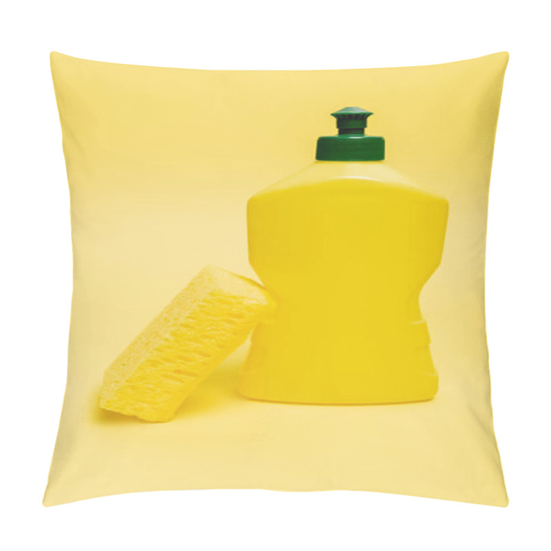 Personality  Sponge Near Bottle Of Dishwashing Liquid On Yellow Background With Copy Space  Pillow Covers