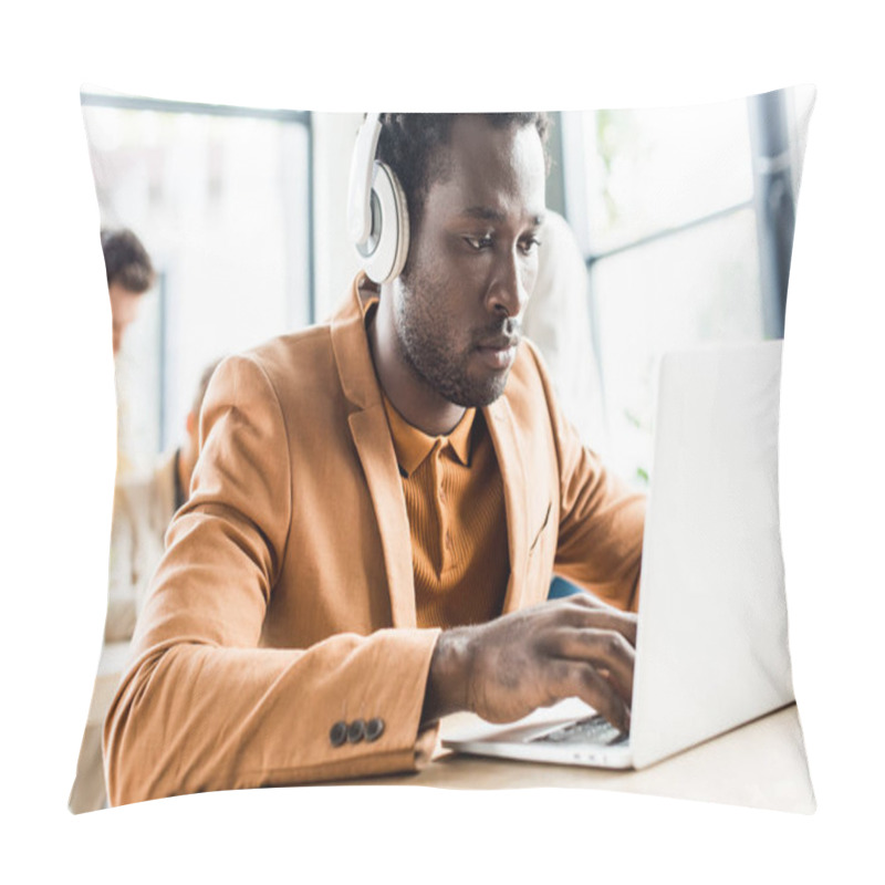 Personality  Handsome African American Businessman In Headphones Using Laptop Pillow Covers