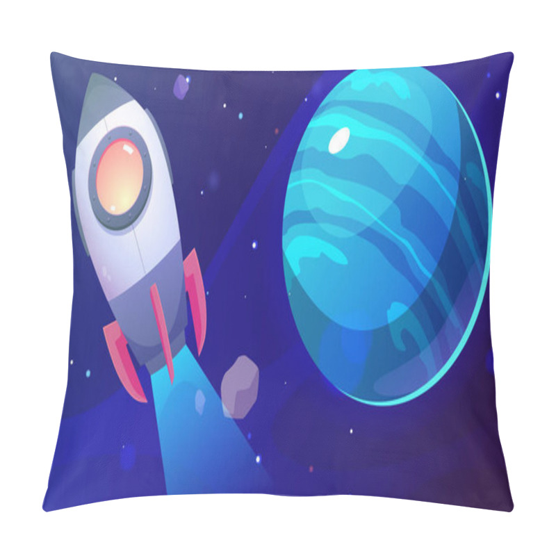 Personality  Vector Illustration Of A Rocket Flying Against The Background Of A Cosmic Starry Sky And A Glossy Planet. A Fantastic Scene For A Gaming Environment Pillow Covers