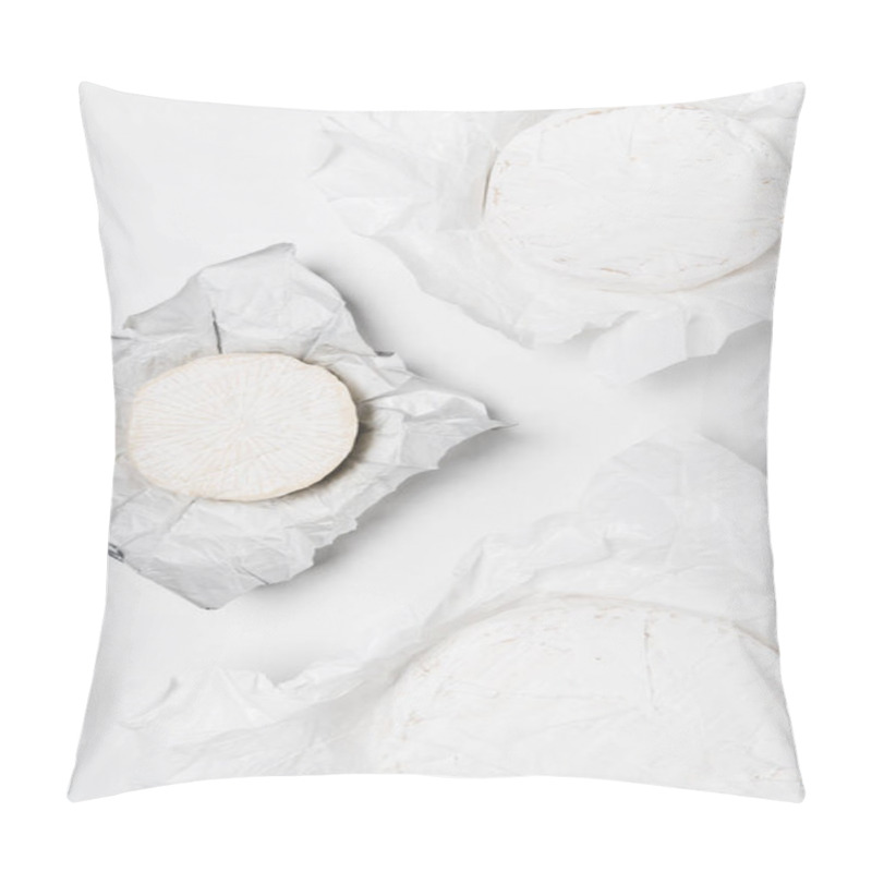 Personality  Top View Of Organic Brie Cheese Heads On Crumpled Paper And On White Surface Pillow Covers