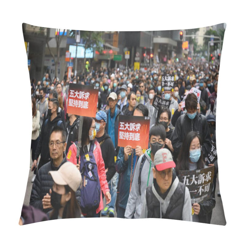 Personality  Hong Kong - Jan 1, 2020: A Million Attend Demo, Demand For Universal Suffrage, 2020 Direct Democratic Elections For Legislative Council Without Functional Constituency. Pillow Covers