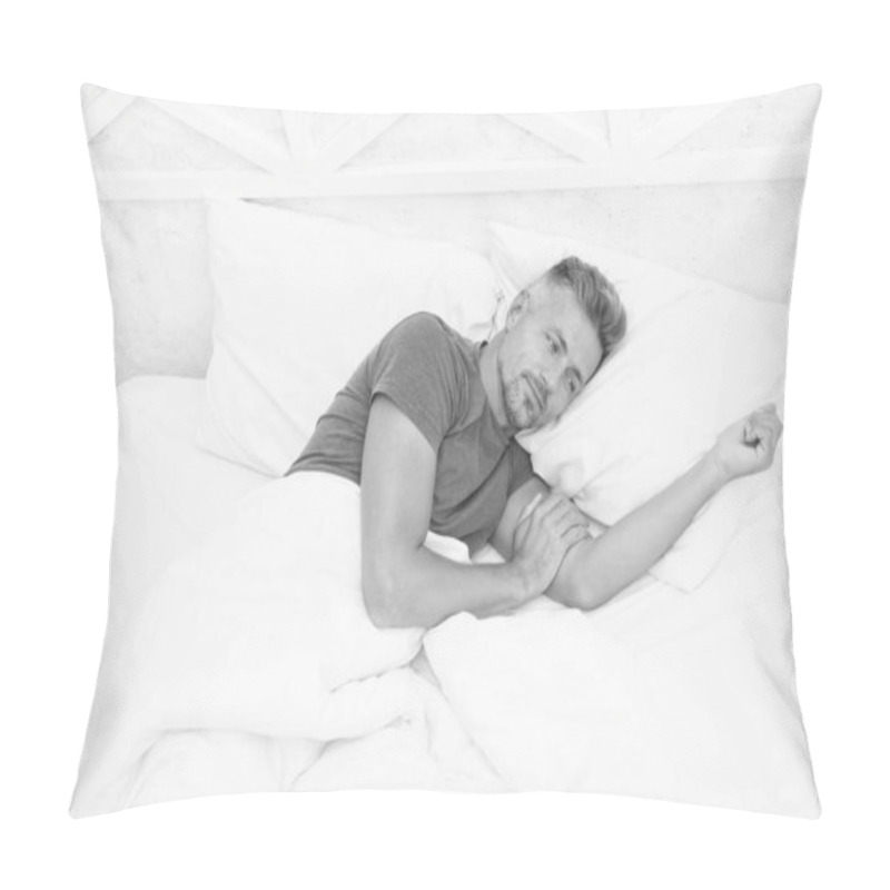 Personality  Perfect Morning Awakening. Better Sleep Better Life. World Sleep Day. Benefits Of Good Healthy Sleep. Breathe Easily Sleep Well. Handsome Man In Bed. Feeling Good At Home. Happy Satisfied Person Pillow Covers