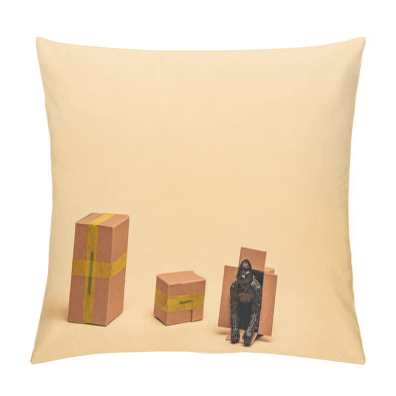 Personality  Toy Gorilla In Cardboard Container With Boxes On Yellow Background, Animal Welfare Concept Pillow Covers