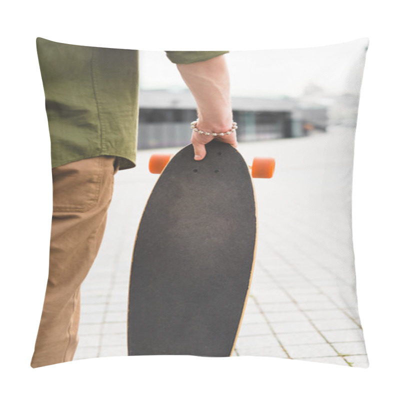 Personality  Cropped View Of Man In Casual Wear Standing With Skateboard In Hand Pillow Covers