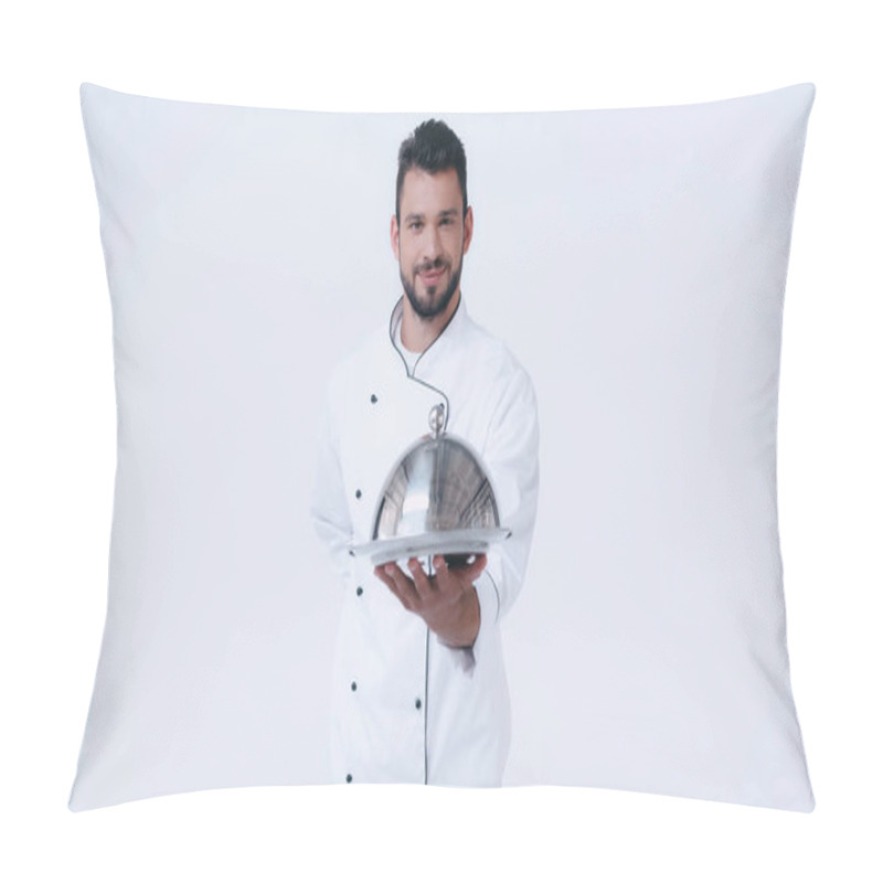 Personality  Pleased Chef With Serving Platter And Cloche Standing With Hand Behind Back Isolated On White Pillow Covers