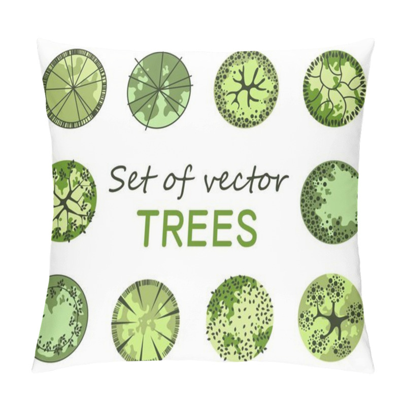 Personality  Trees For The Master Plan. Tree For Architectural Floor Plans. Entourage Design. Various Trees, Bushes, And Shrubs, Top View For The Landscape Design Plan. Vector Illustration. Pillow Covers