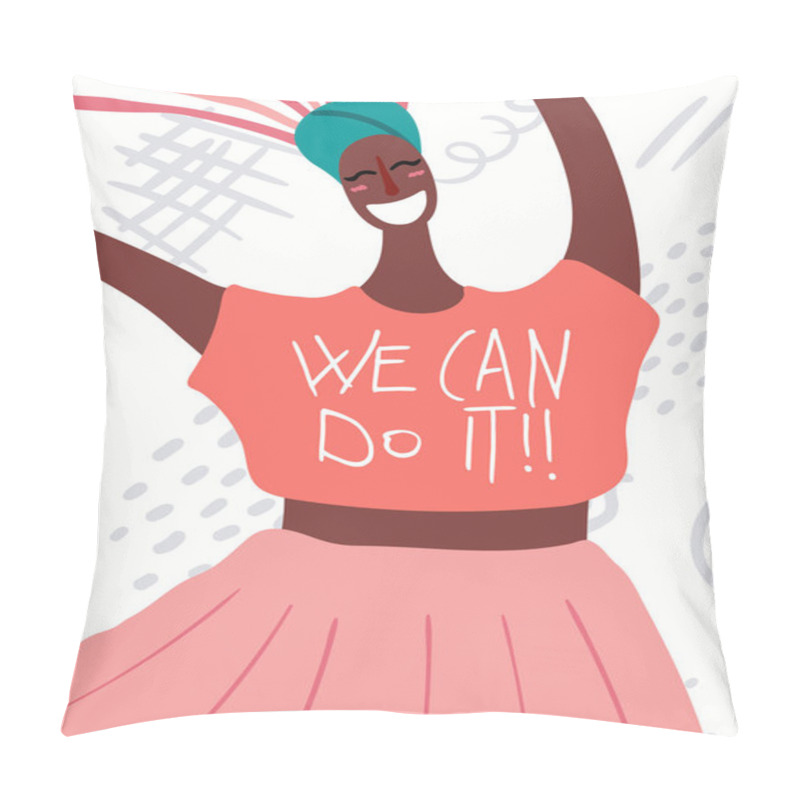 Personality  Women Day Card With Quote We Can Do It And Smiling Woman Portrait, Hand Drawn Vector Illustration, Concept For Feminism And Women Day  Pillow Covers