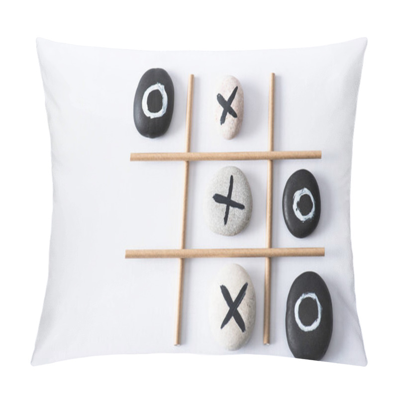 Personality  Top View Of Tic Tac Toe Game With Grid Made Of Paper Tubes, And Pebbles Marked With Crosses And Naughts On White Surface Pillow Covers