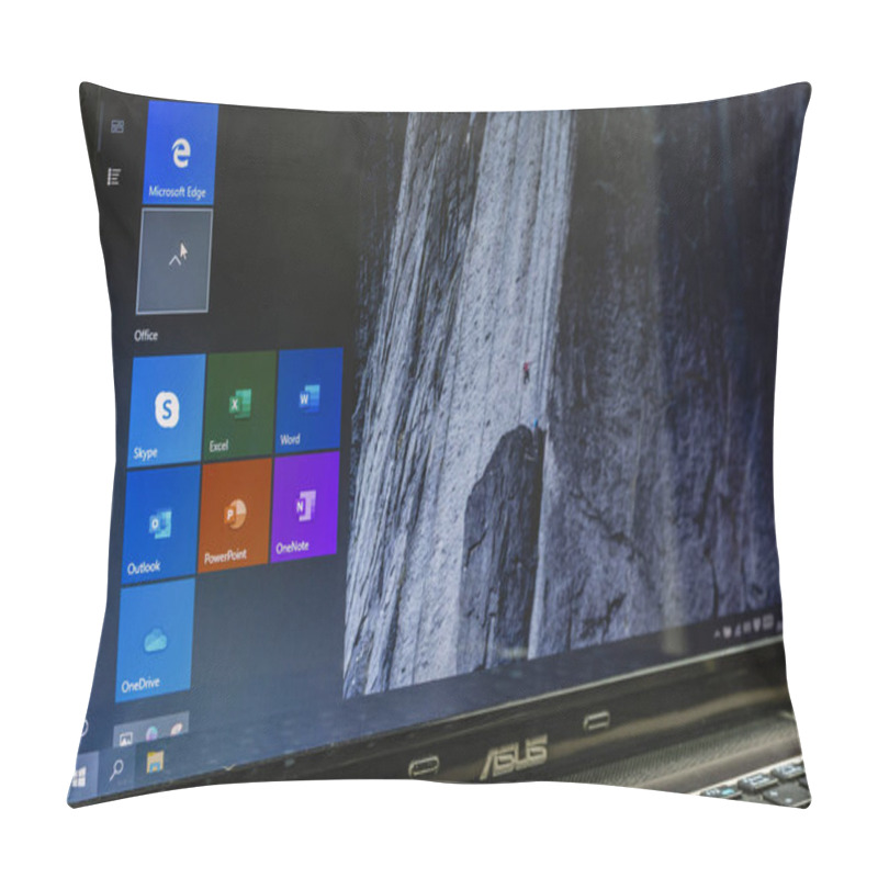 Personality  Niedomice, Poland - November 29, 2019: Open Start Menu (Windows 10 Operating System) On An Asus Laptop. The Menu Includes Tiles From Microsoft Edge And Microsoft Office. Pillow Covers