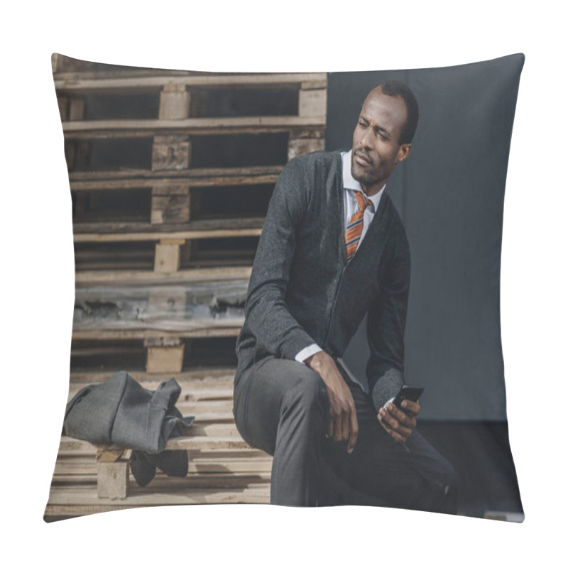 Personality  Tired Stylish African American Businessman Using Smartphone And Sitting Outdoors  Pillow Covers