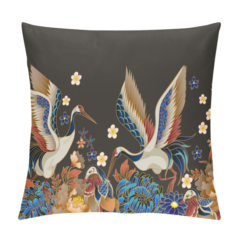 Personality  Border With Mandarin Ducks, Flowers And Cranes. Vector. Pillow Covers