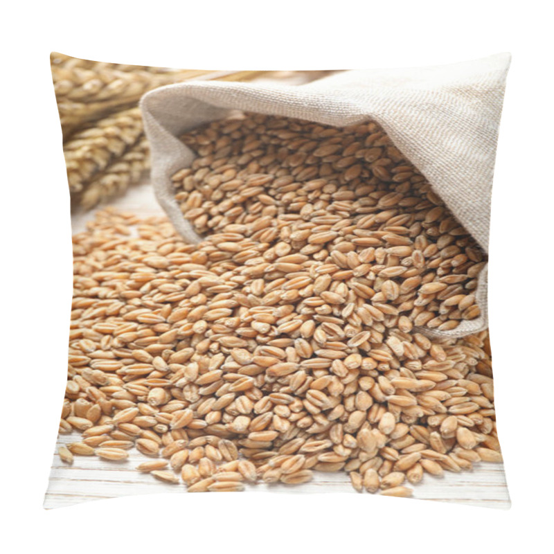 Personality  Sack With Wheat Grains On White Wooden Table, Closeup Pillow Covers