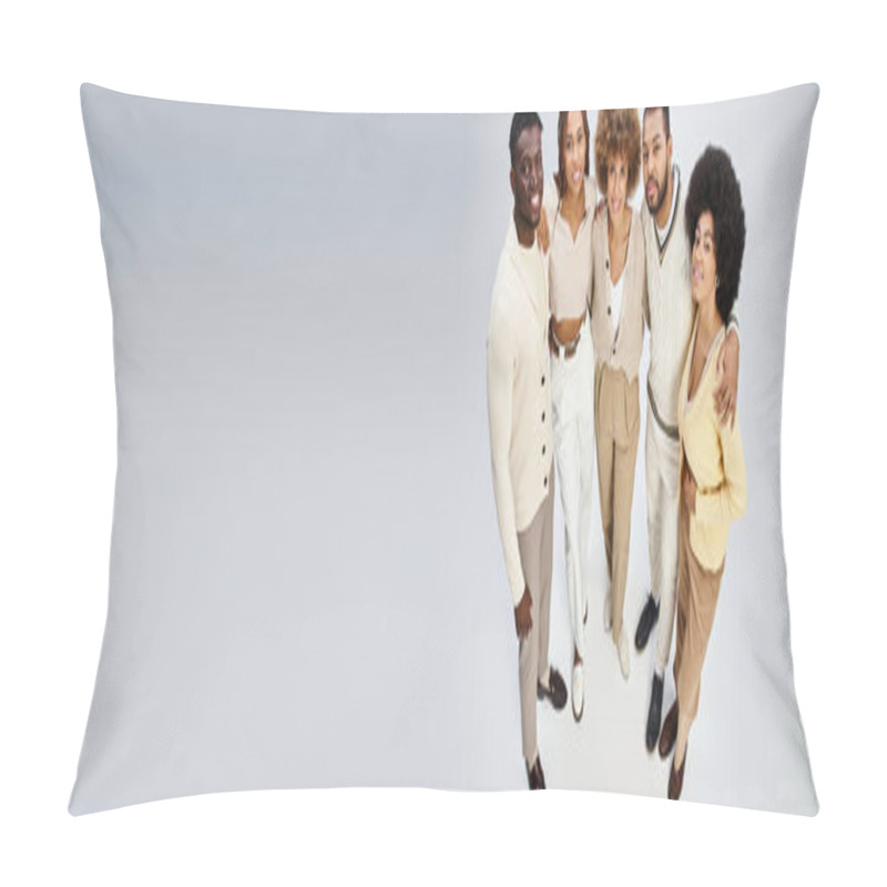 Personality  Banner Of Happy African American Friends Bonding And Hugging On Grey Background, Juneteenth Pillow Covers