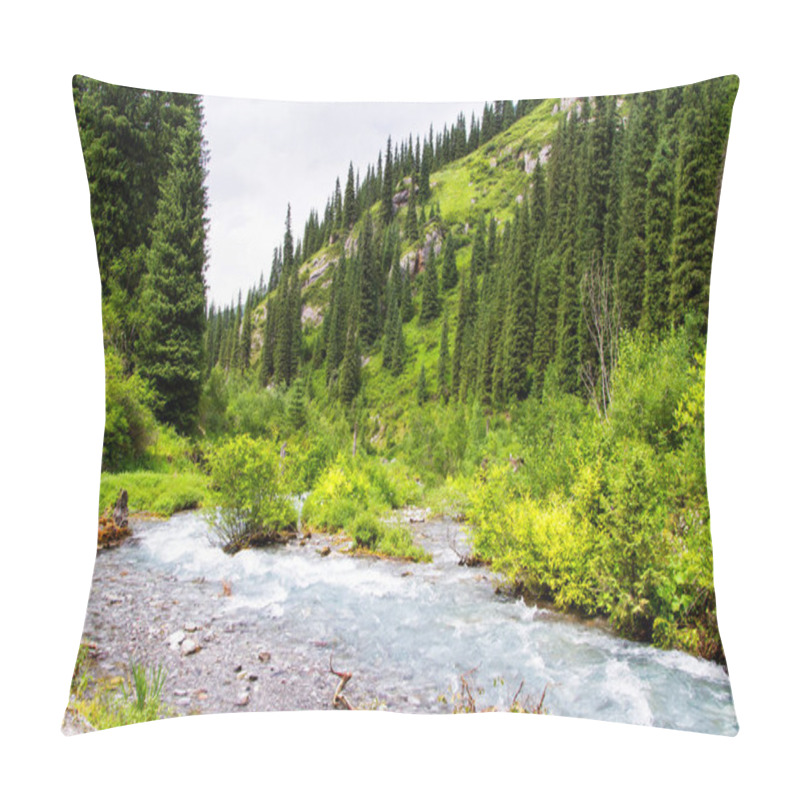 Personality  Mountain Valley With Green Trees And River In Tian Shan, Kazakhstan, Central Asia. Hiking Trail To Kolsai Lakes - Popular Tourist Destination. Pillow Covers