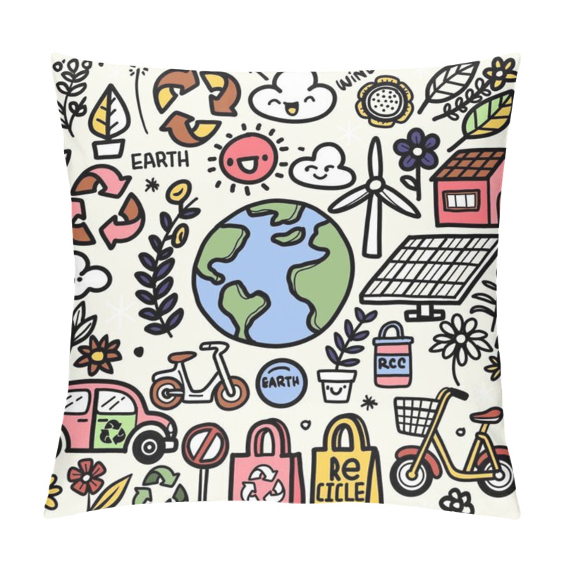 Personality  Hand Drawn Doodle Style Illustration Featuring Eco Lifestyle Themes Like Recycling, Renewable Energy, Bicycles, Wind Turbines, Solar Panels, And A Happy Earth Surrounded By Nature. Pillow Covers