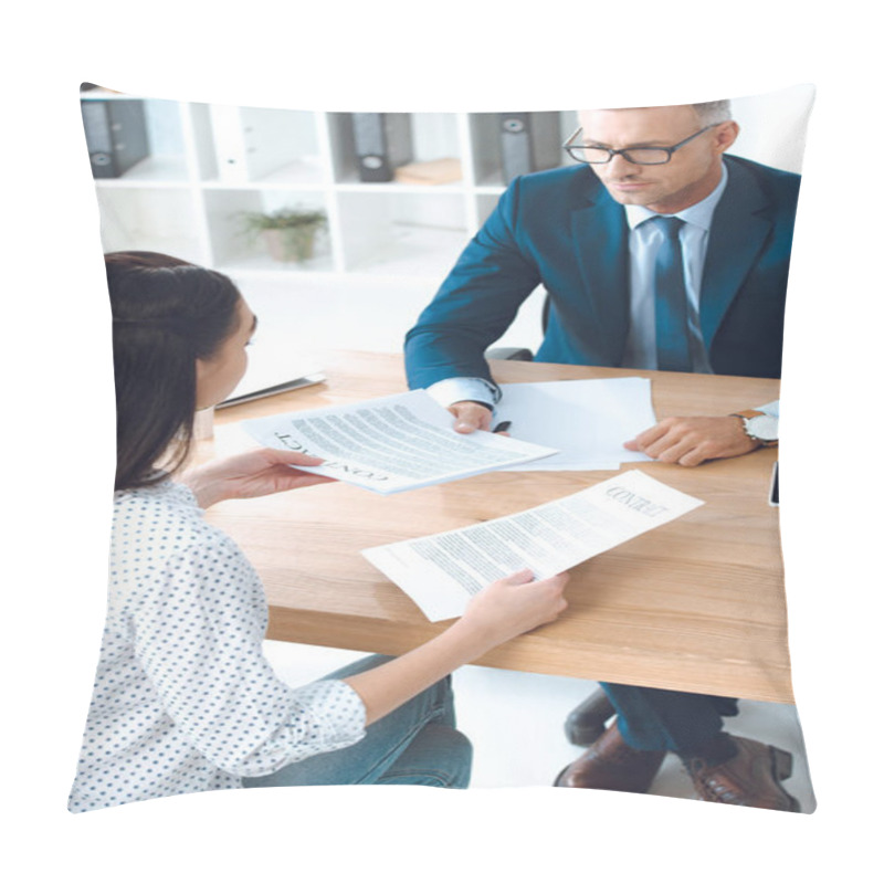 Personality  High Angle View Of Lawyer And Client Discussing Contract Pillow Covers