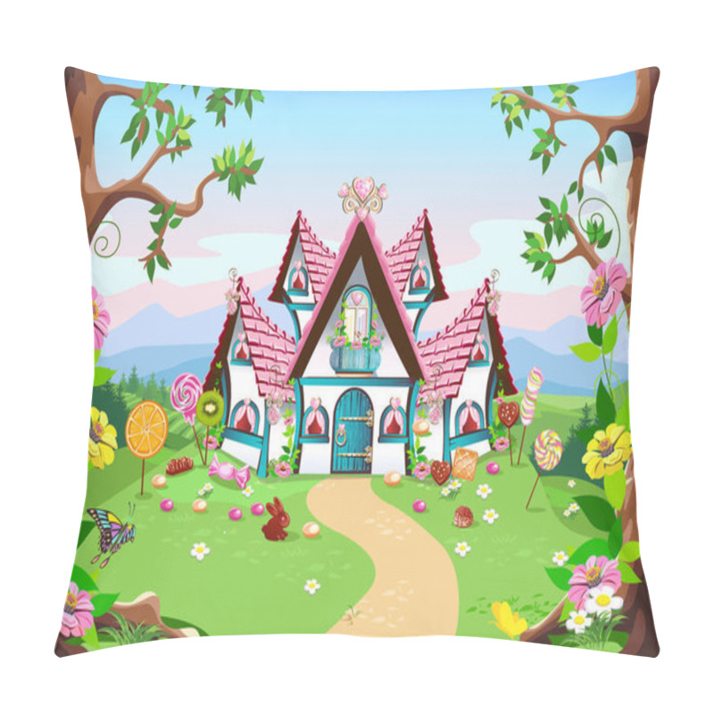 Personality  Sweet Little House With Chocolate, Waffles And Cookies, Decorated With Sweets, Stands In A Forest Glade. Fairy Tale Background With Gingerbread House In Cartoon Style Vector Illustration. Pillow Covers