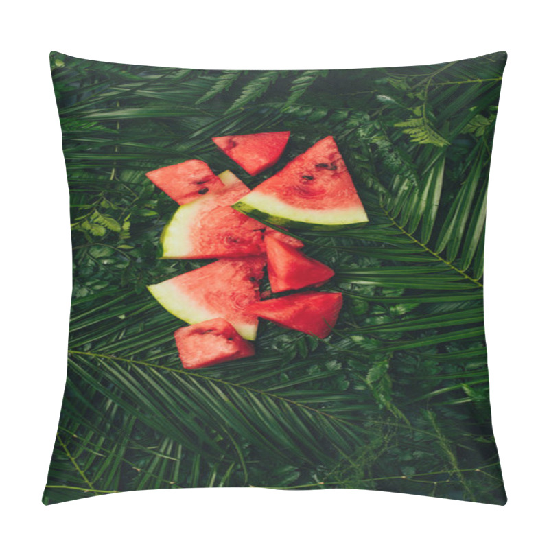 Personality  Top View Of Red Watermelon Slices On Dark Green Palm Leaves Pillow Covers