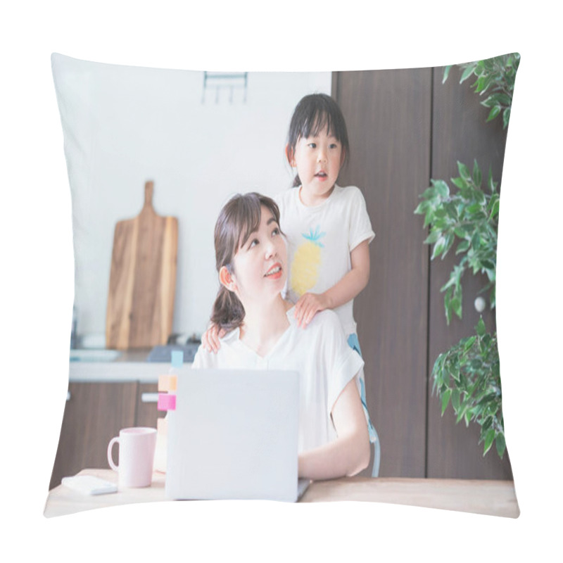 Personality  Asian Woman Doing Telework In Home Room While Playing With Her Daughter Pillow Covers