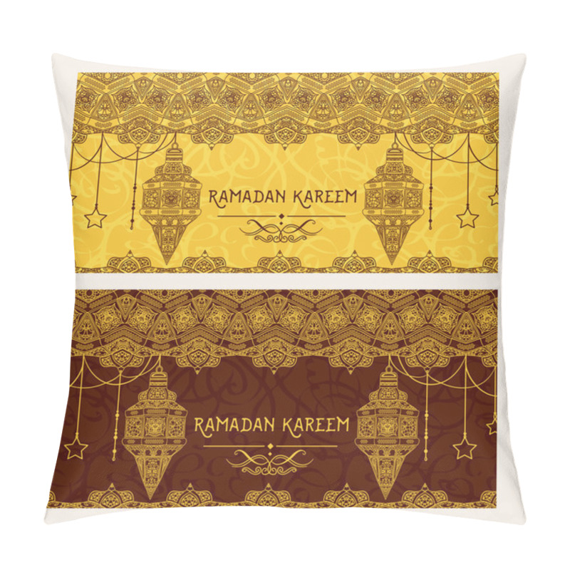 Personality  Beautiful Greeting Card For Muslim Community Festival Ramadan Kareem. Pattern With Ornament Arabic Calligraphy, Arabic Lamp And Ornate Border Frame. Vintage Hand Drawn Vector Illustration Pillow Covers